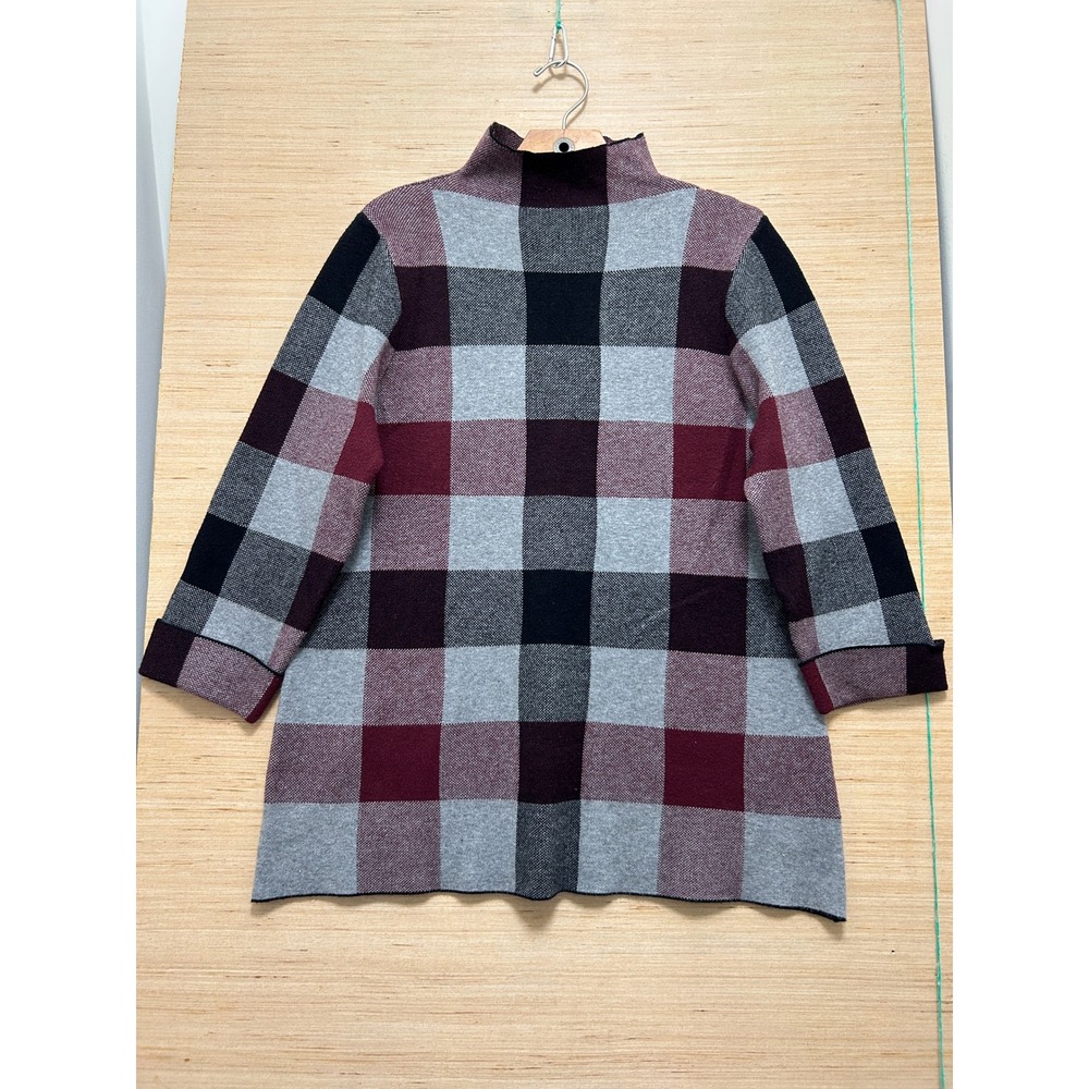 Tahari Womens Plaid Mock Neck Tunic Sweater Burgundy Grey Black Size Large